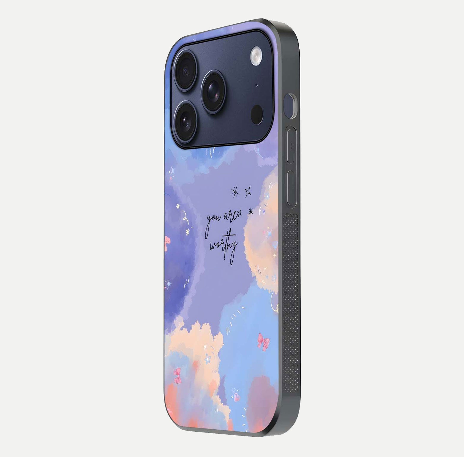 Celestial Cloud Magic Glass Case for iPhone 17 Pro side-angle photo showing edge reflection and dreamy texture