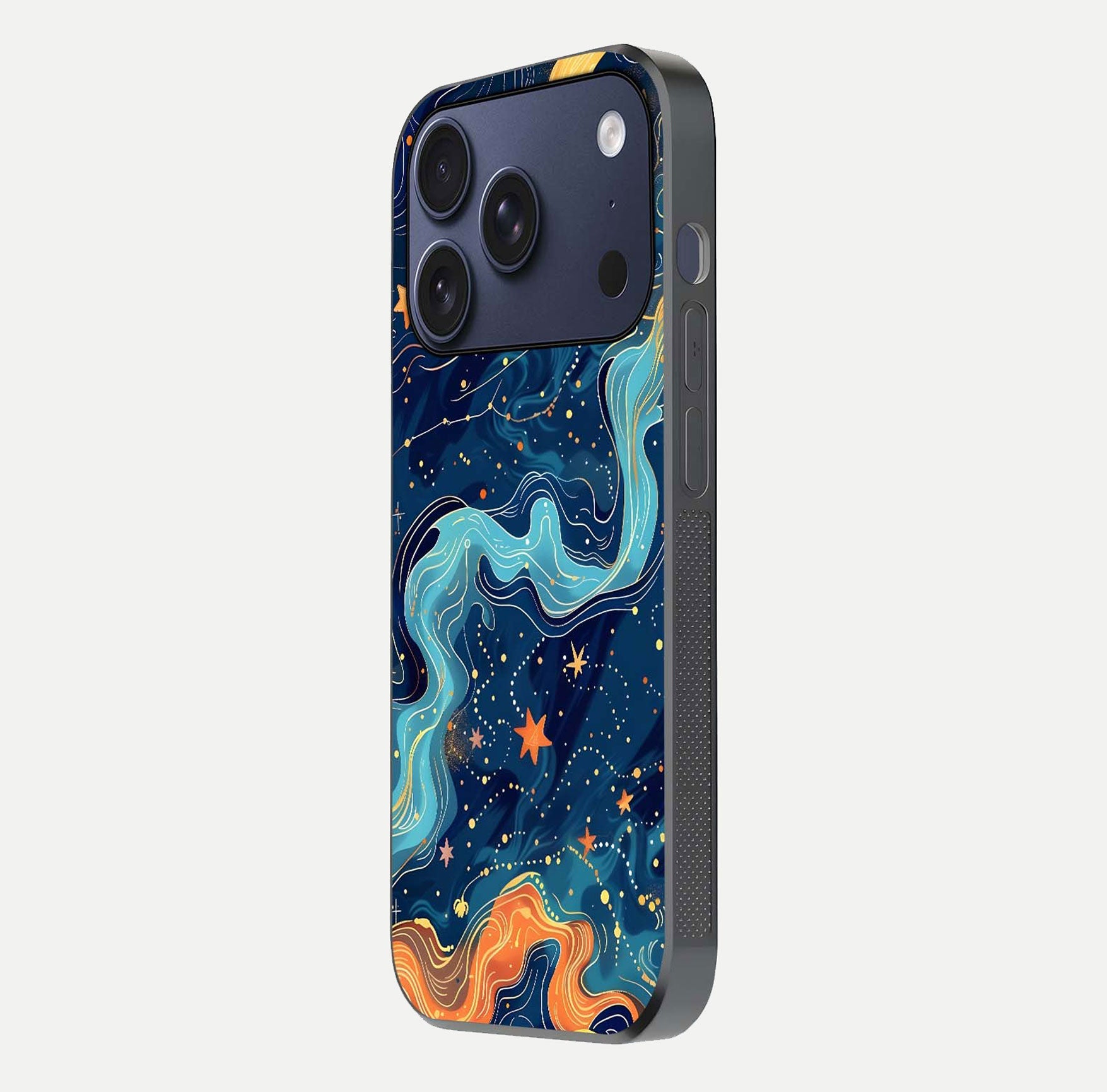 Celestial Dream Flow Glass Case for iPhone 17 Pro side-angle image capturing color swirl and glass reflection
