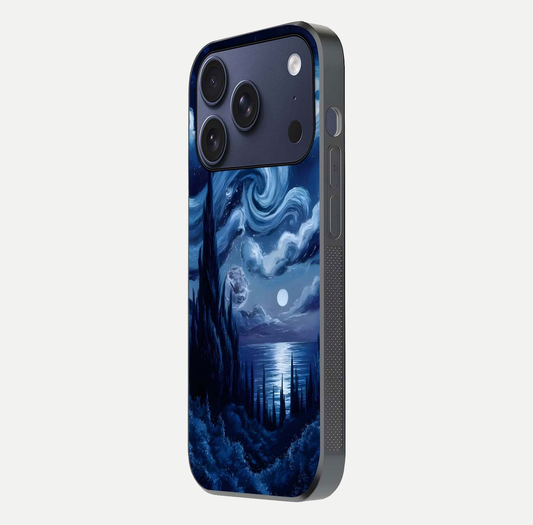 Celestial Dream Van Gogh Glass Case for iPhone 17 Pro side-angle photo showing depth swirl design and curved reflection
