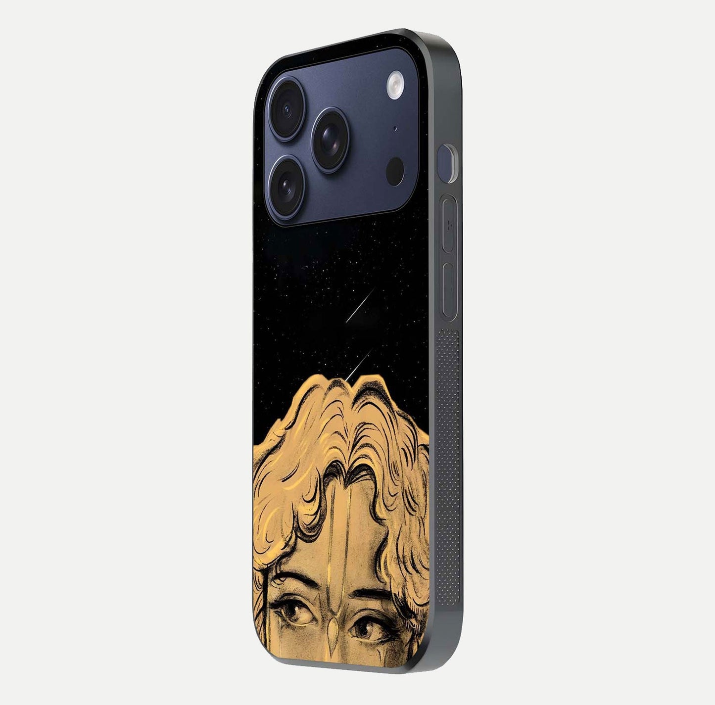 Celestial God’s Plan Glass Case for iPhone 17 Pro side-angle image showing gloss, camera frame, and cosmic tones