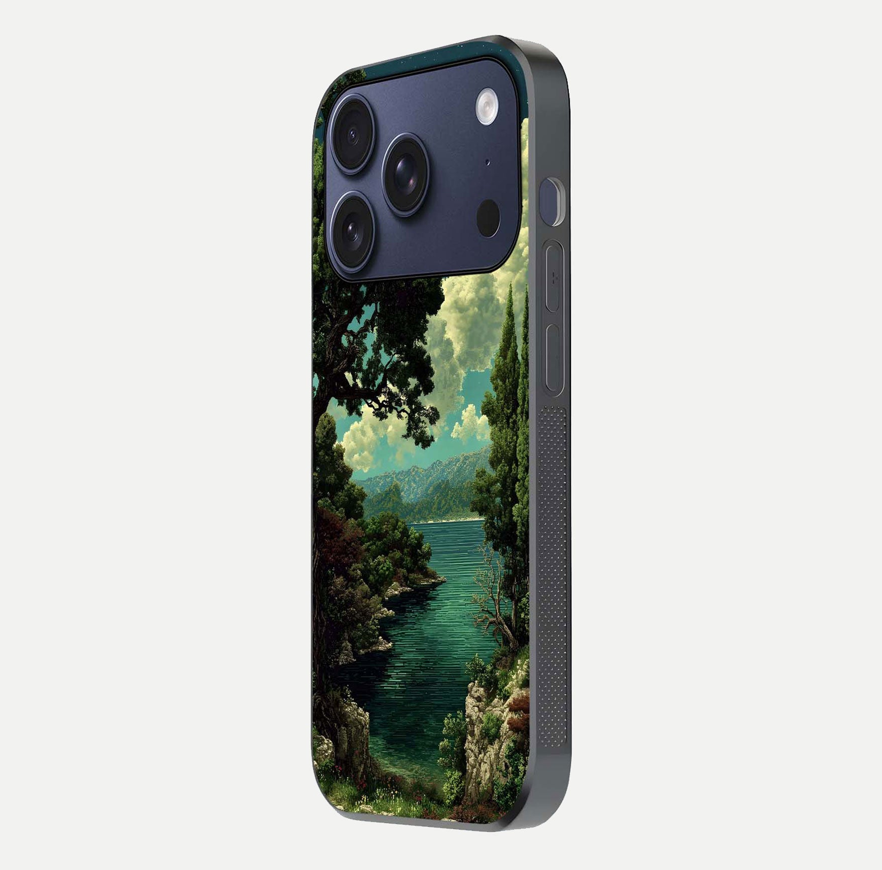 Celestial Lake Peace Glass Case for iPhone 17 Pro side-angle image displaying reflective glow and gentle edges