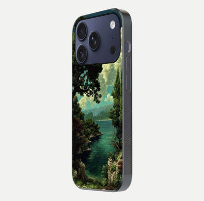 Celestial Lake Peace Glass Case for iPhone 17 Pro side-angle image displaying reflective glow and gentle edges
