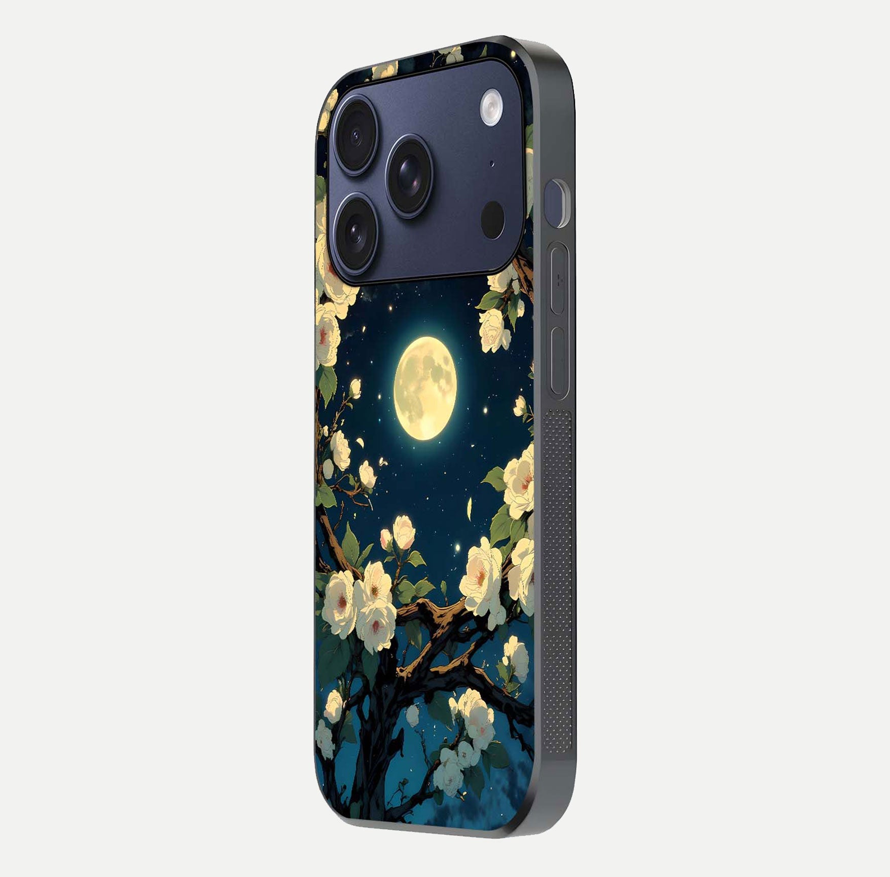 Celestial Moon & Flower Glass Case for iPhone 17 Pro side-angle image showing edge smoothness and glow reflection