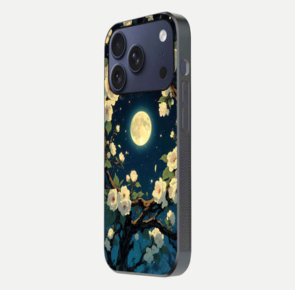 Celestial Moon & Flower Glass Case for iPhone 17 Pro side-angle image showing edge smoothness and glow reflection