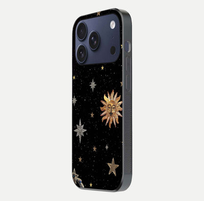 Celestial Moon With Stars Glass Case for iPhone 17 Pro side-angle view showing curved edges and shimmer glow