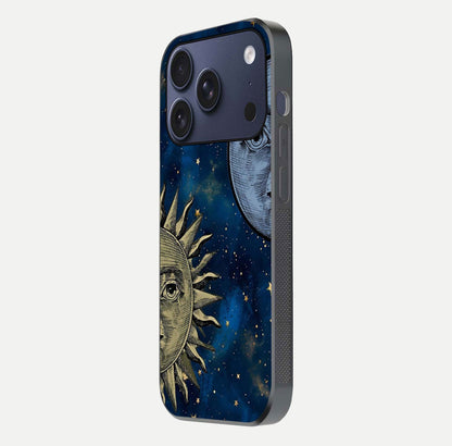 Celestial Moon With Sun Glass Case for iPhone 17 Pro side-angle image showing reflection tones and cosmic edge