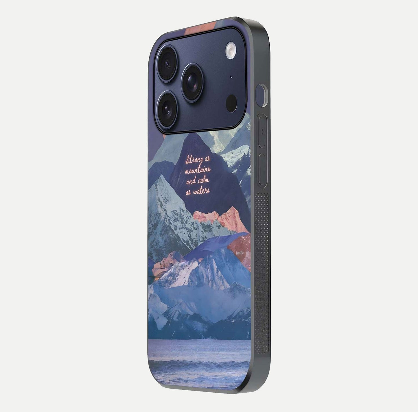Celestial Mountain Calm Glass Case for iPhone 17 Pro side-angle image capturing mountain detail and shine gradient