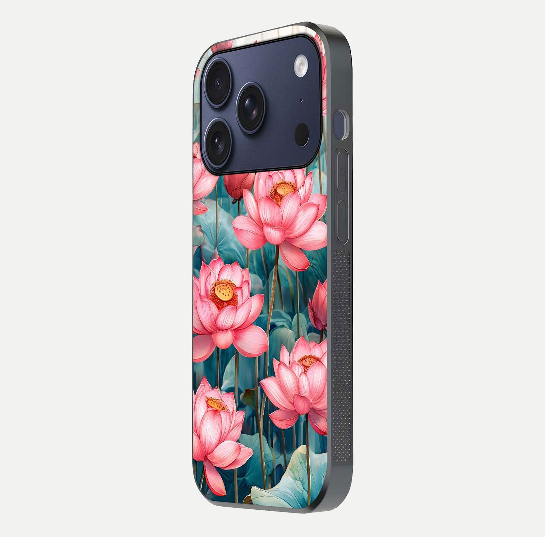 Celestial Pink Lotus Glass Case for iPhone 17 Pro side-angle image showing reflective shine and petal curve