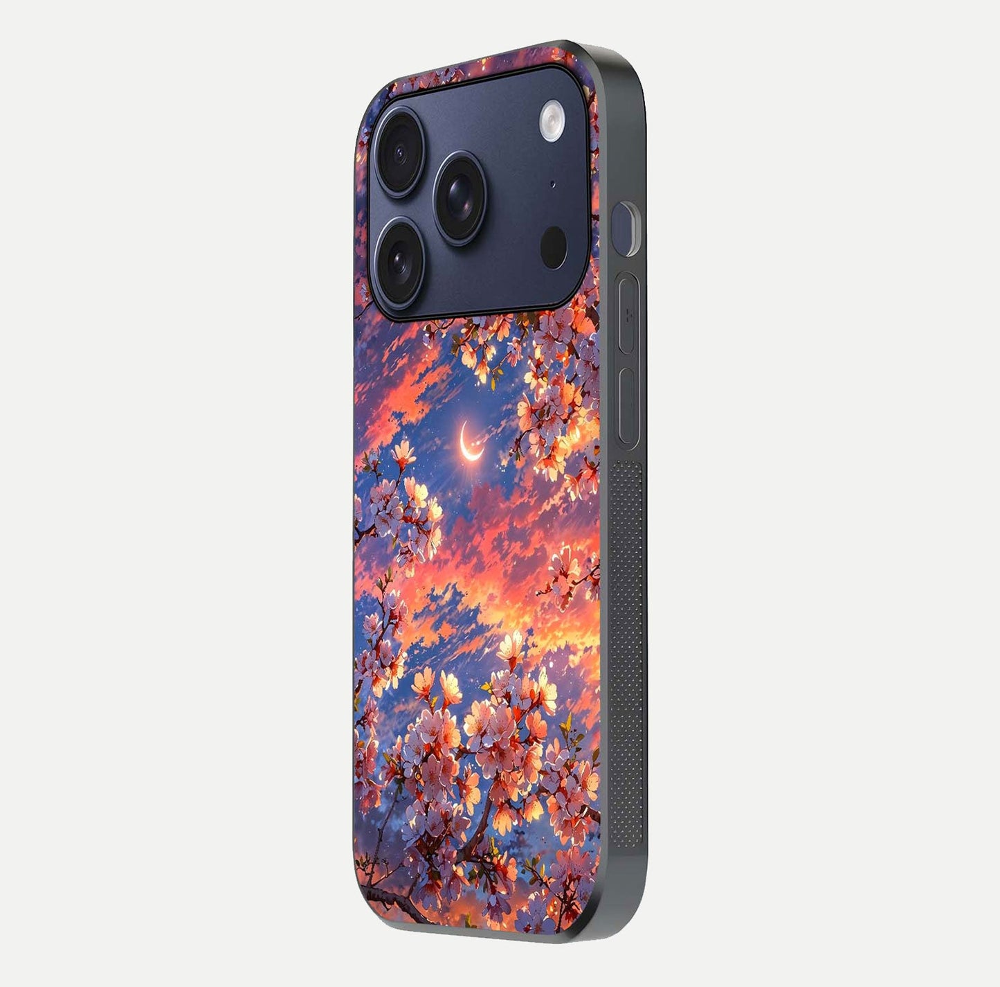 Celestial Sakura Sunset Glass Case for iPhone 17 Pro side-angle image showing edge glow and petal texture