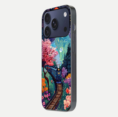 Celestial Train Journey Glass Case for iPhone 17 Pro side-angle image showing polished curve and HD print detail
