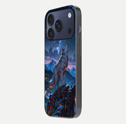 Celestial Wolf Howl Glass Case for iPhone 17 Pro side-angle image showing curve polish and moon glow
