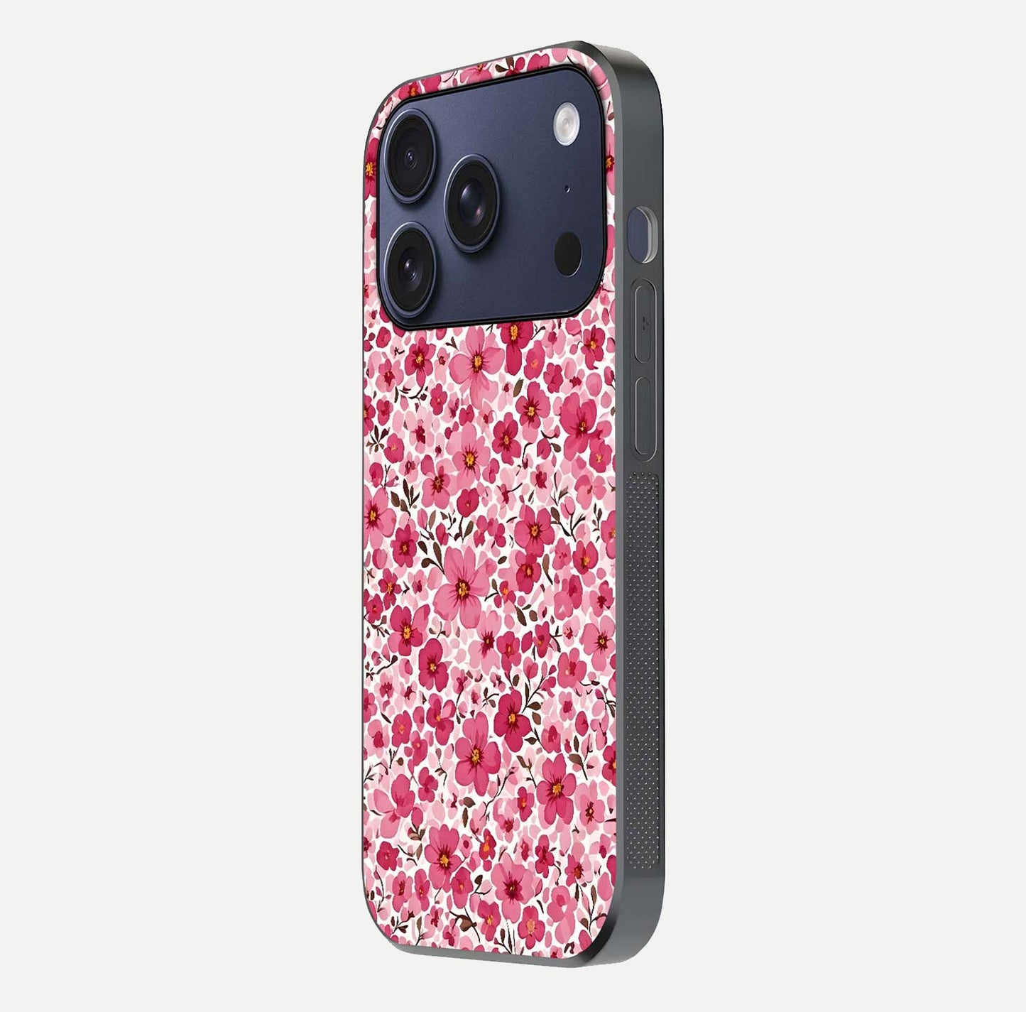 Cherry Blossom Charm Glass Case for iPhone 17 Pro side-angle image showing reflection gloss and soft texture