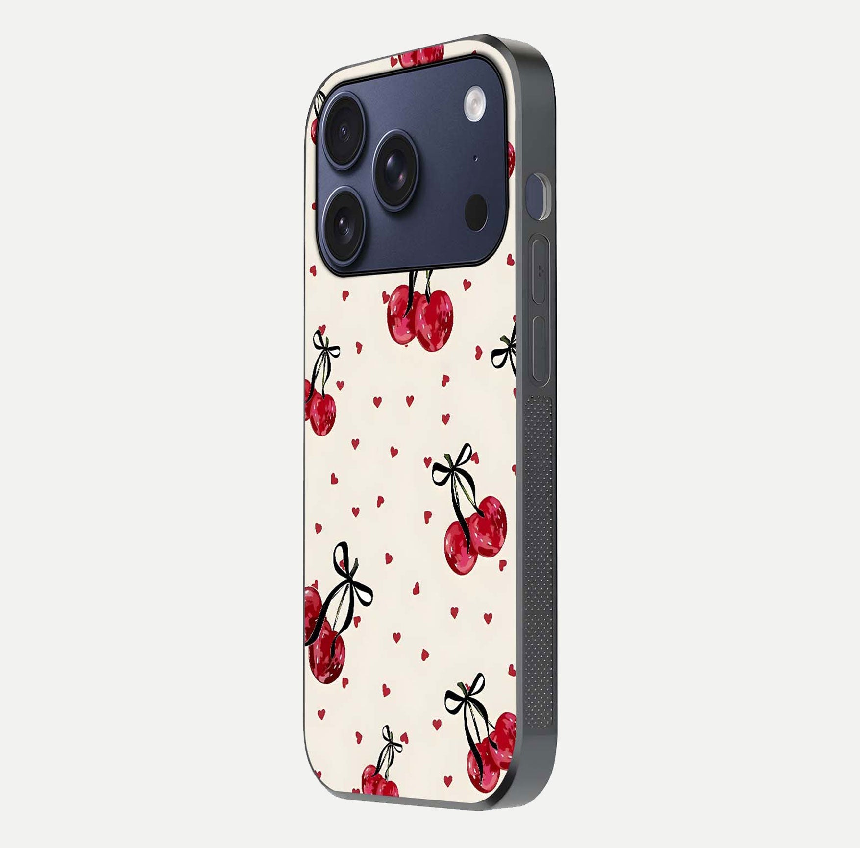 Cherry Heart Bow Glass Case for iPhone 17 Pro side-angle image capturing gloss texture and charm bow art