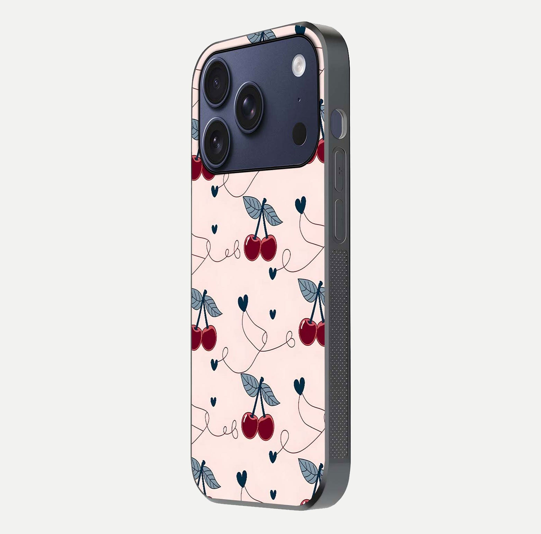 Cherry Heart Line Glass Case for iPhone 17 Pro side-angle view capturing smooth curves and shine effect