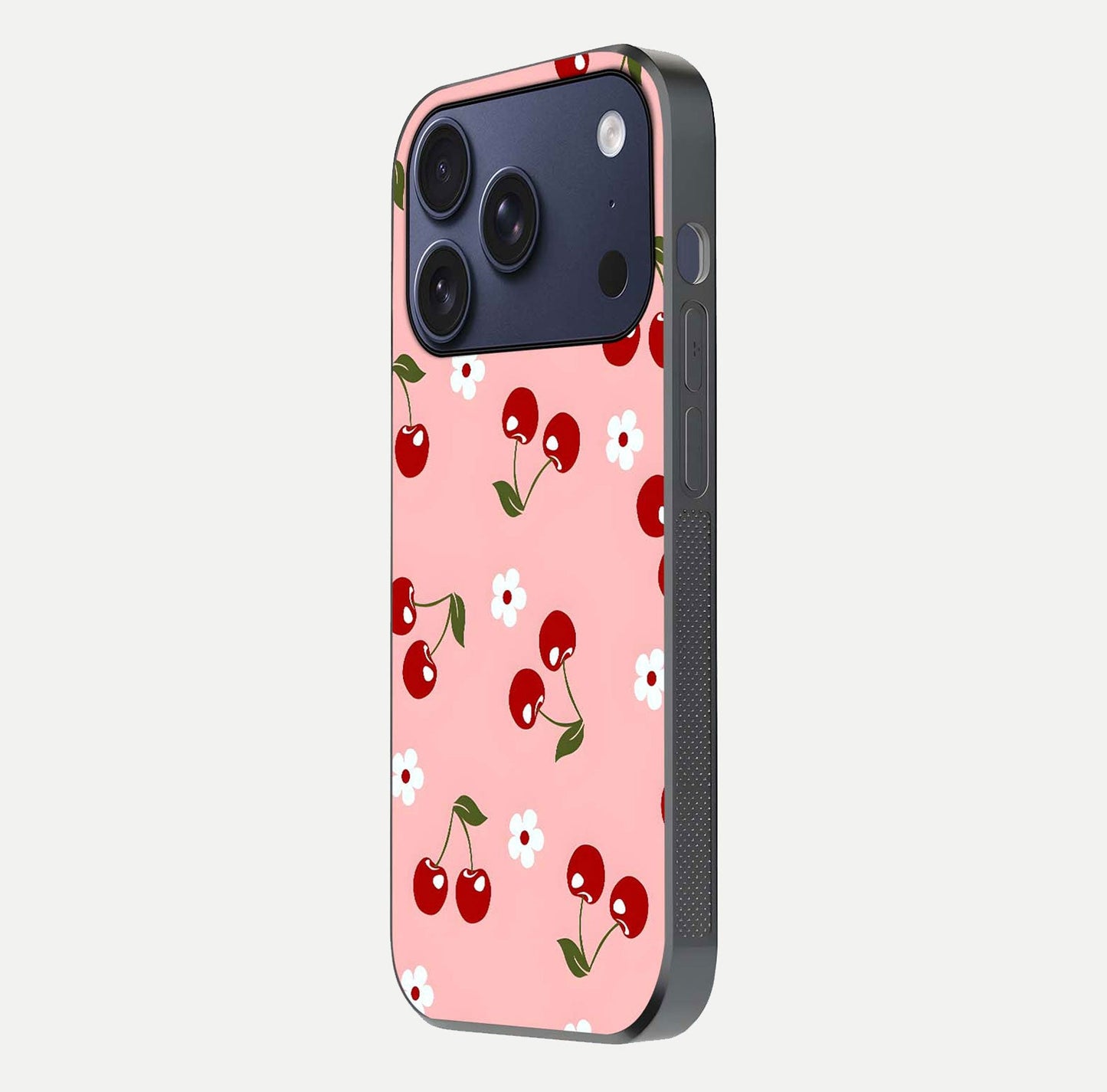 Cherry Love Mood Glass Case for iPhone 17 Pro side-angle image capturing smooth gloss and delicate details