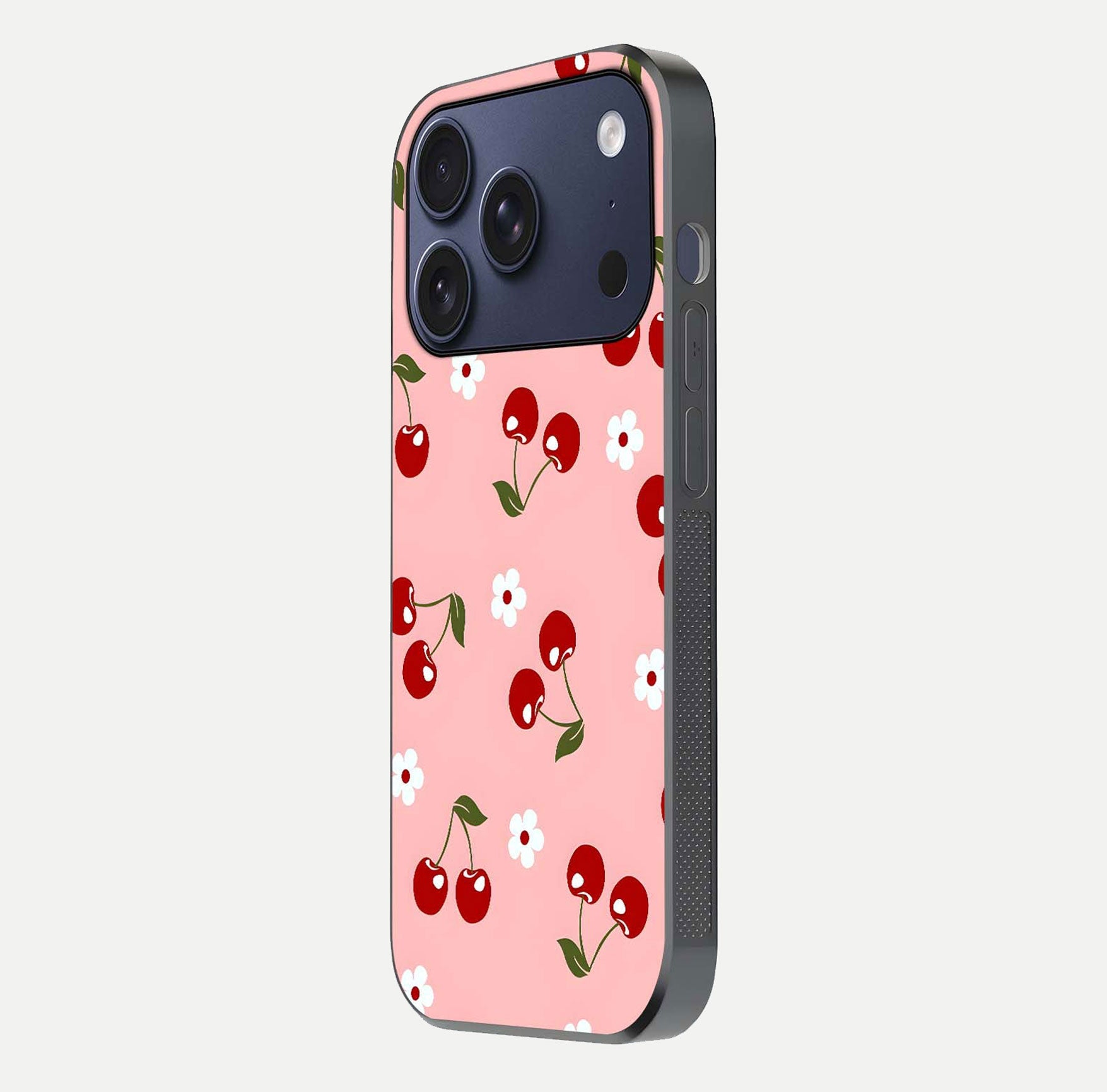 Cherry Love Mood Glass Case for iPhone 17 Pro side-angle image capturing smooth gloss and delicate details