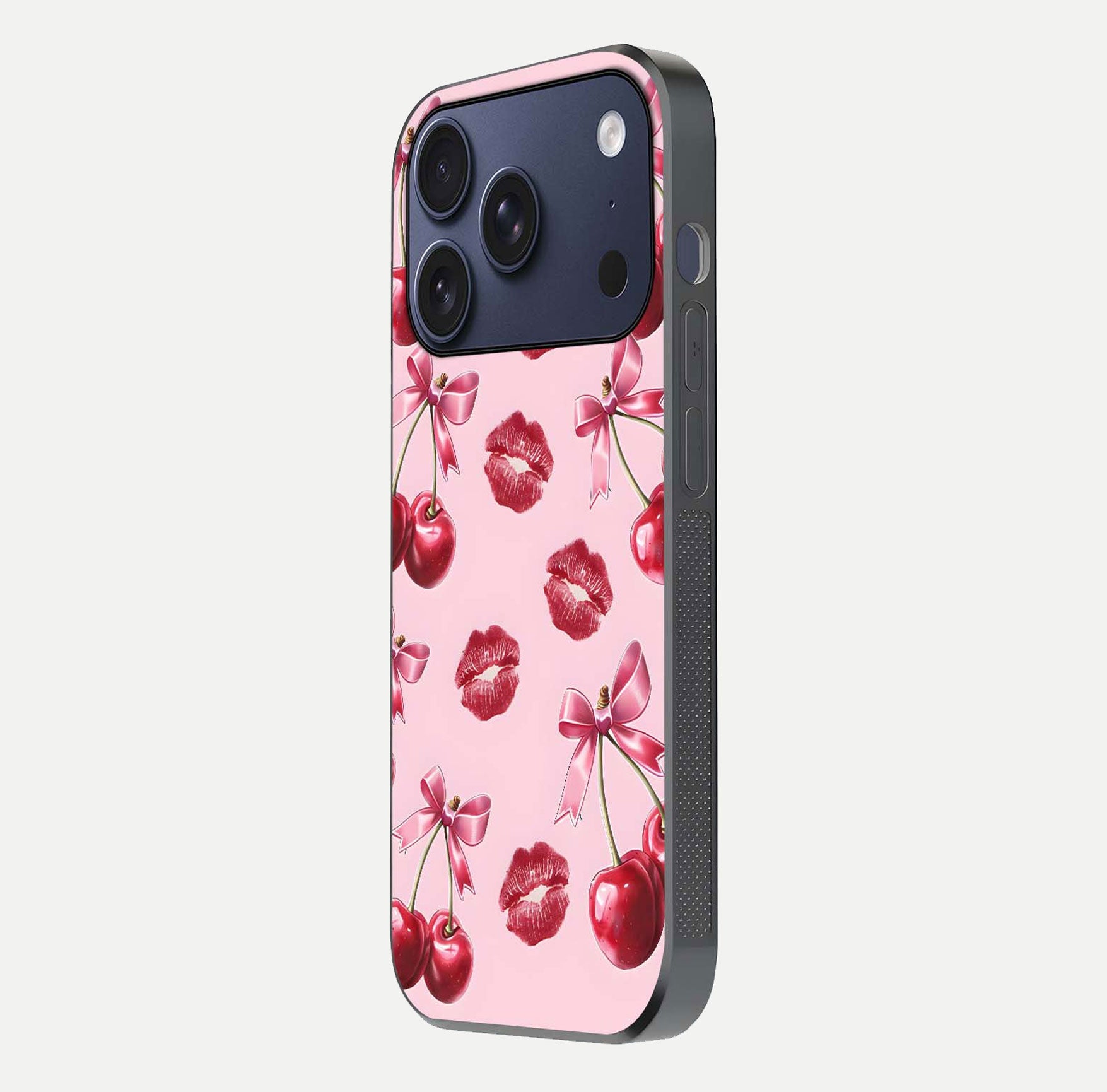 Cherry With Lips Glass Case for iPhone 17 Pro side-angle image showing gloss reflection and fine details