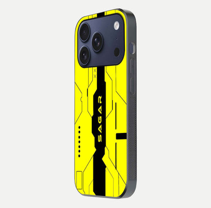 Circuit CYBERPUNK Custom Name Glass Case for iPhone 17 Pro side-angle image showing reflective finish and design precision
