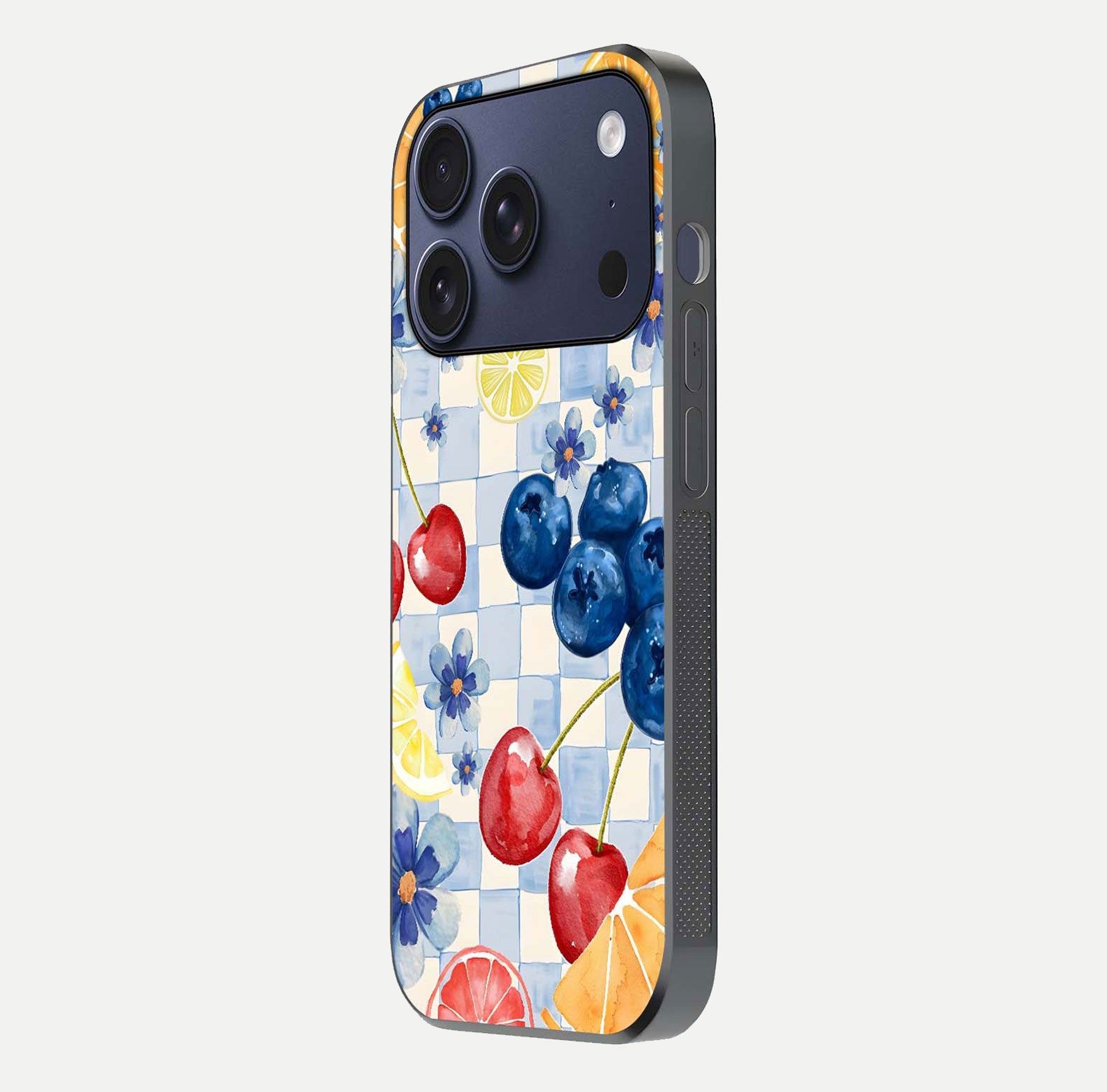 Citrus Bloom Joy Glass Case for iPhone 17 Pro side-angle photo capturing bright color and glass reflection