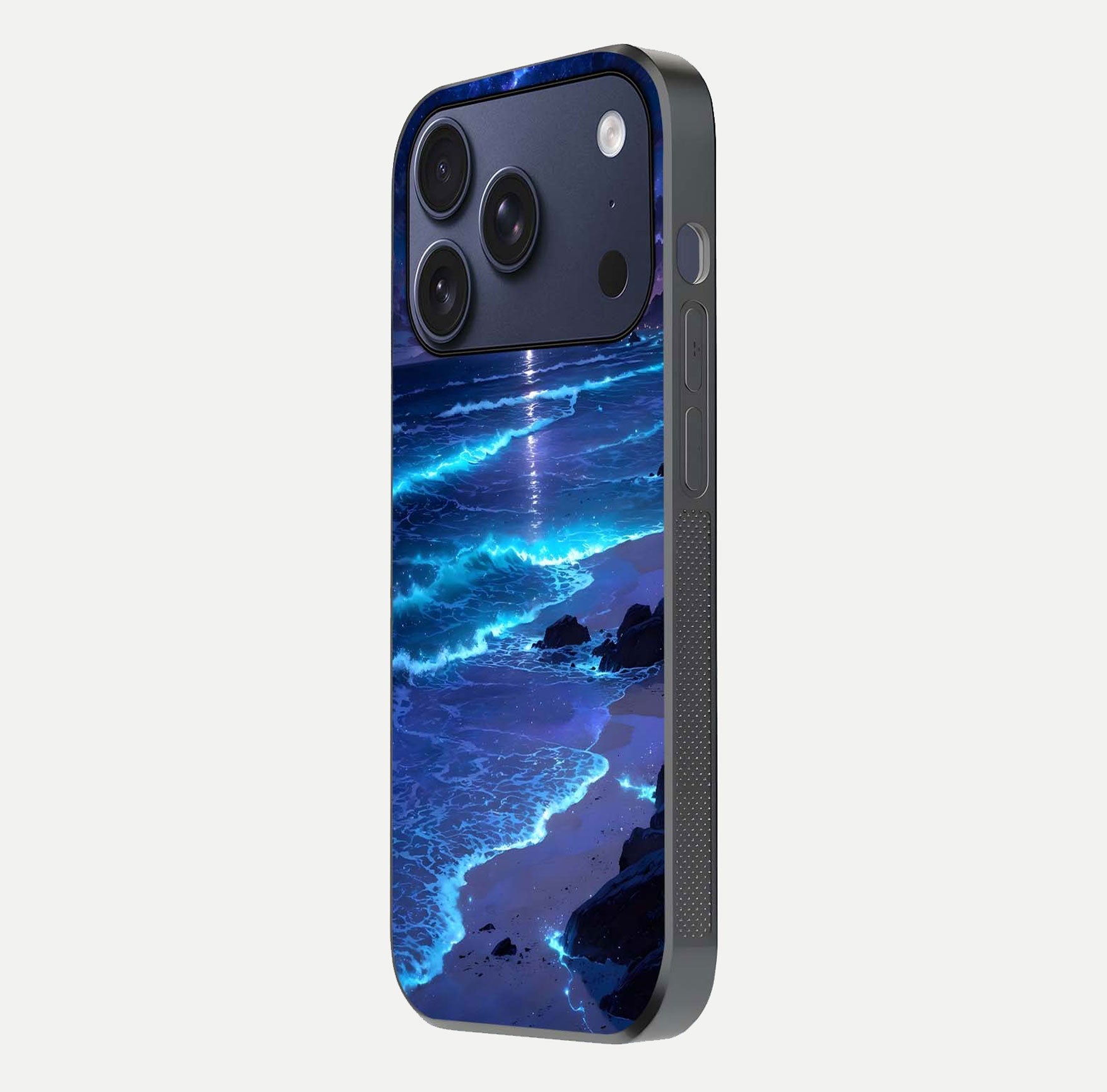 Classic Damn Look Glass Case for iPhone 17 Pro side-angle photo showing shine texture and curve reflection