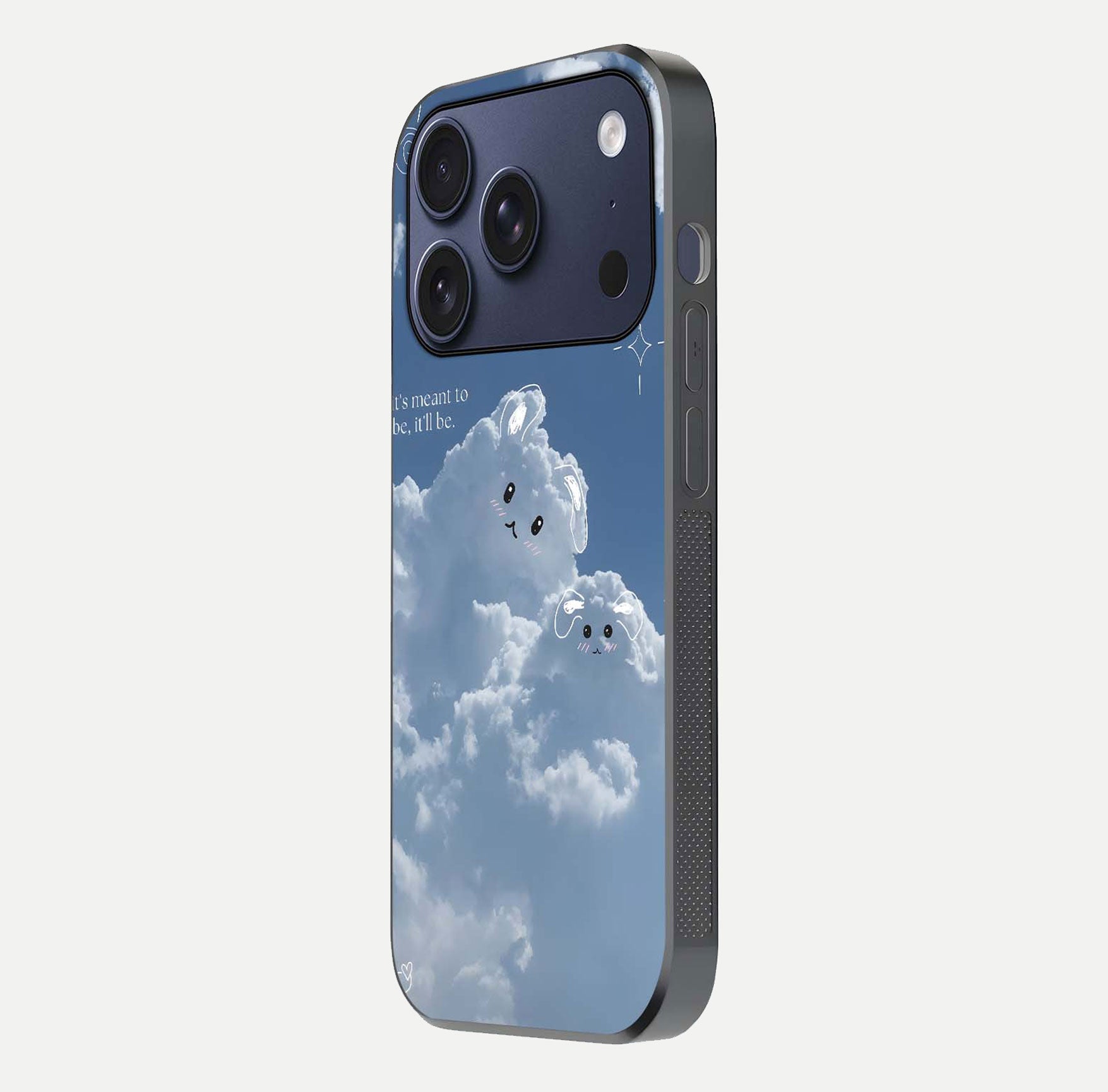 Cloud Bunny Dreams Glass Case for iPhone 17 Pro side-angle image capturing gloss texture and edge glow