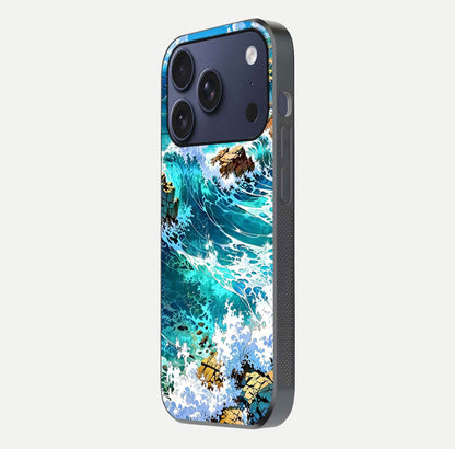 Coastal Blue Waves Glass Case for iPhone 17 Pro side-angle photo showing gloss texture and color depth