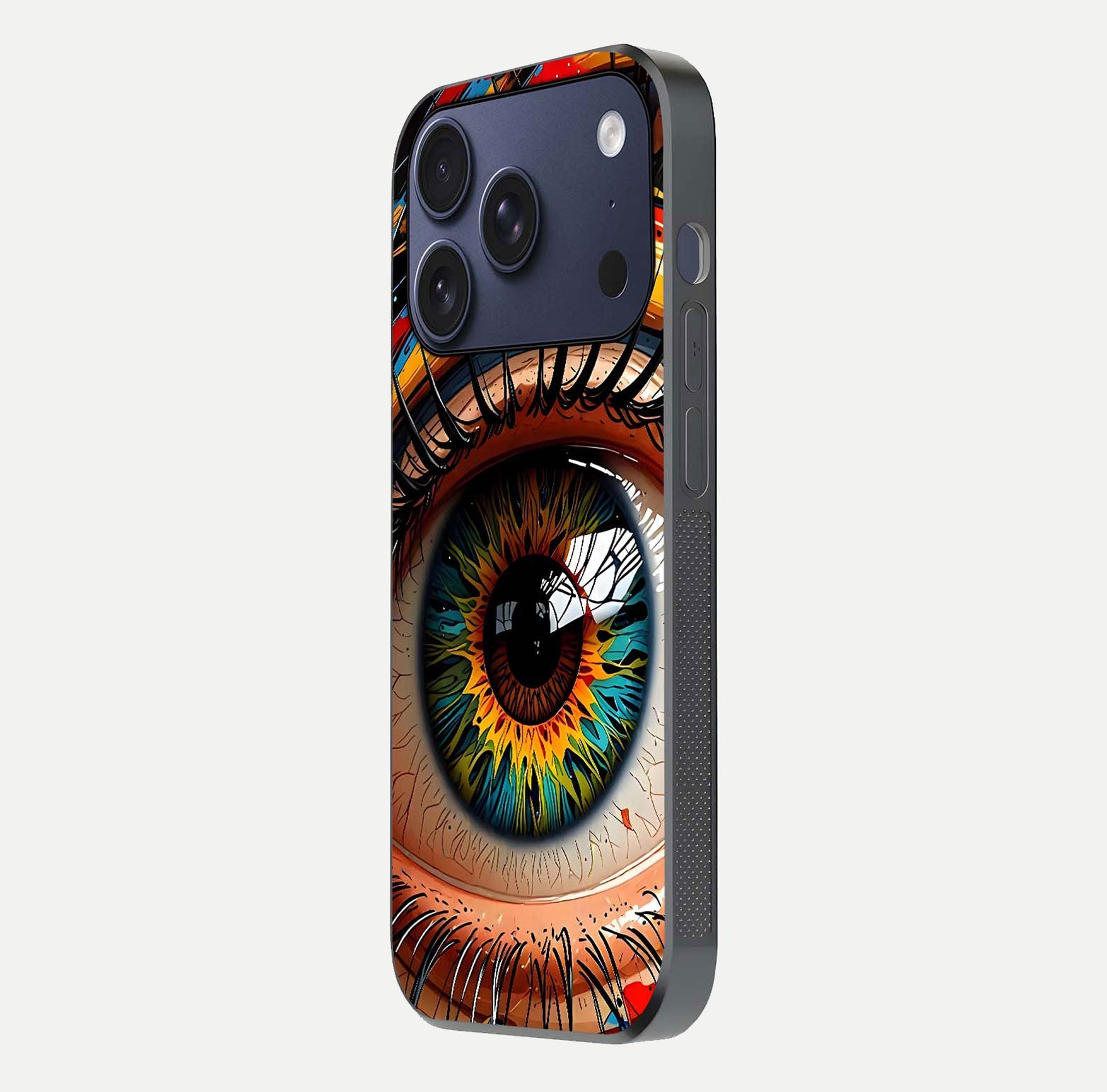 Colorful Eye Glass Case for iPhone 17 Pro side-angle photo showing reflective surface and design detail
