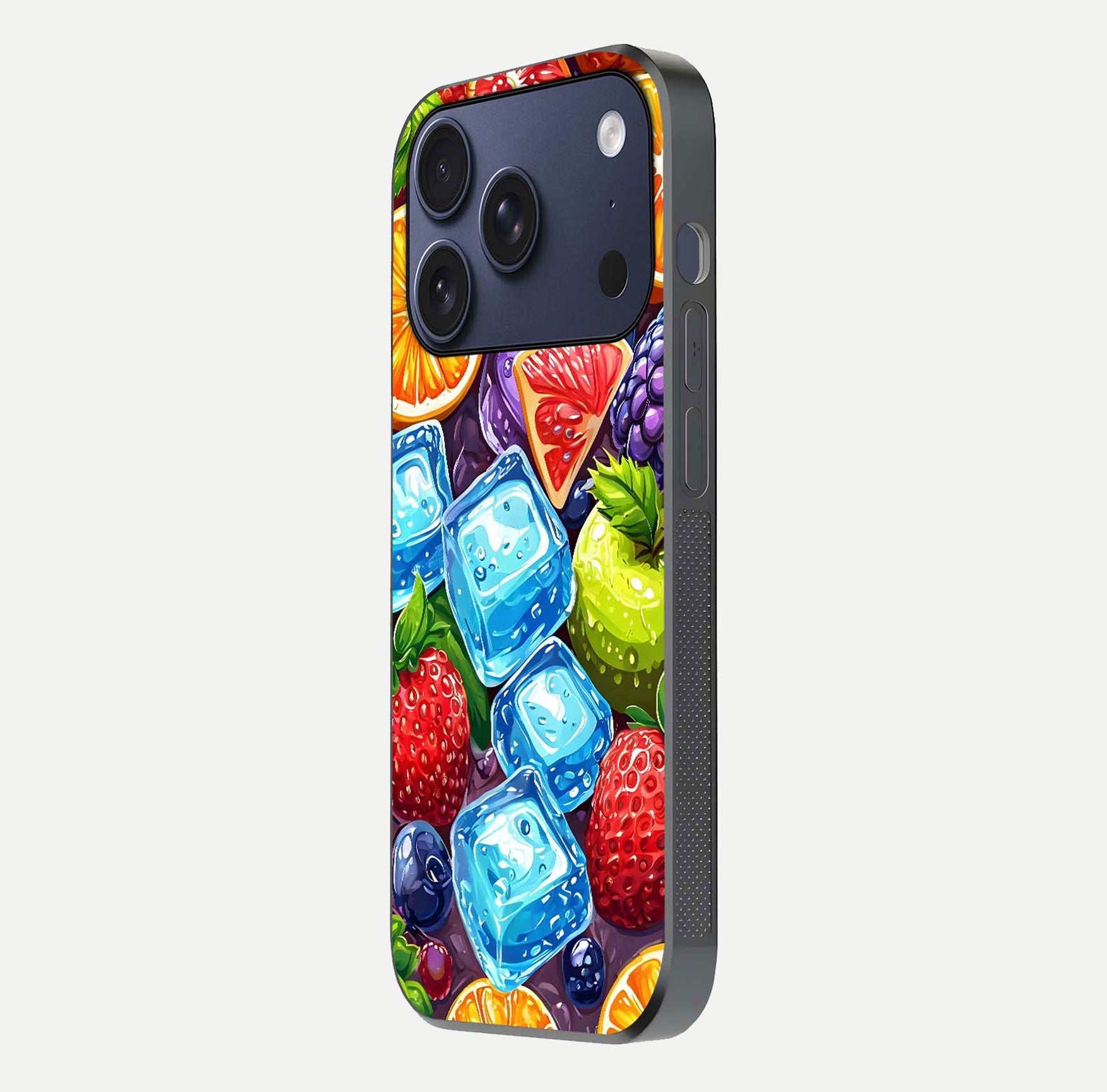 Colorful Fruits with Ice Glass Case for iPhone 17 Pro side-angle photo showing curve gloss and vivid tones