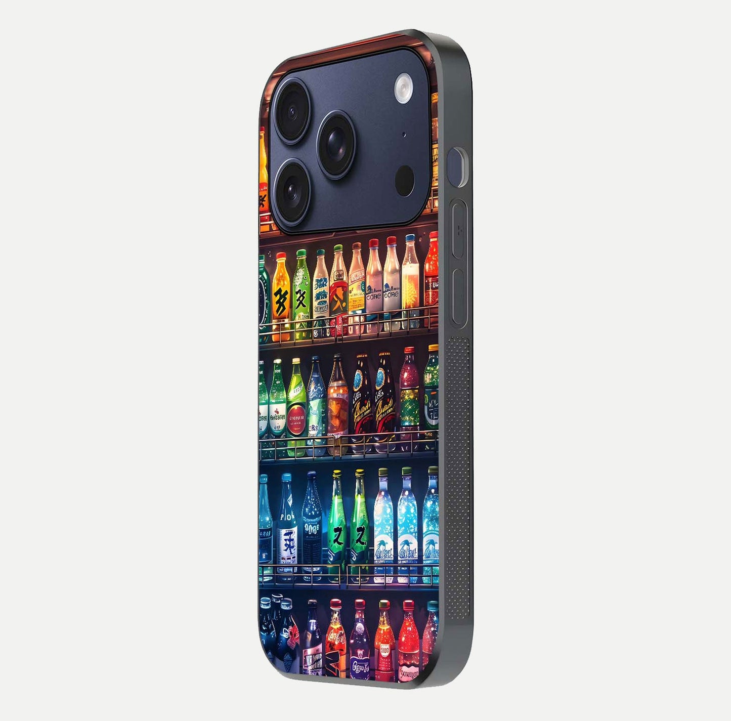 Colorful Soda Bottles Glass Case for iPhone 17 Pro side-angle photo showing polish shine and texture depth