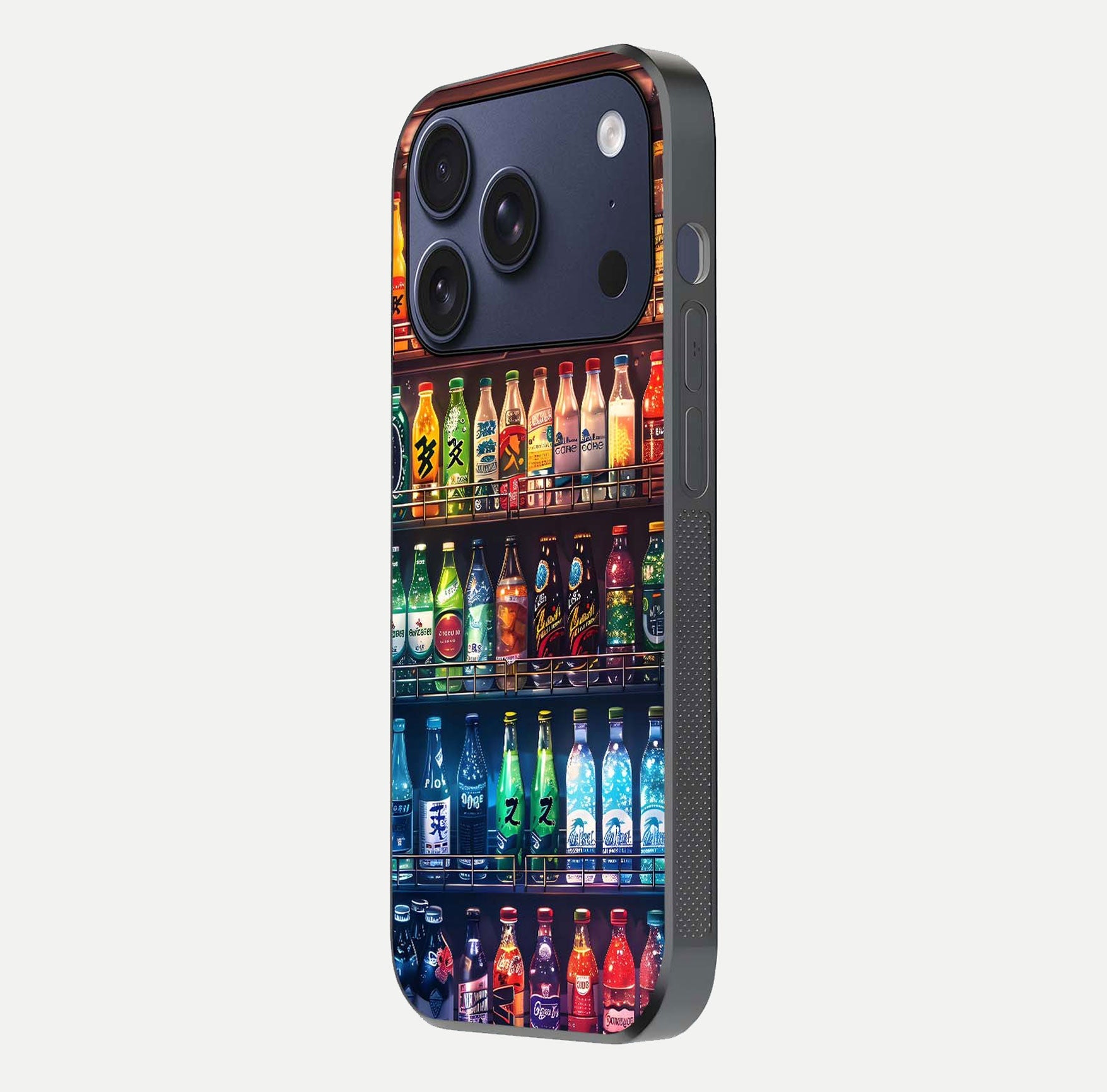 Colorful Soda Bottles Glass Case for iPhone 17 Pro side-angle photo showing polish shine and texture depth