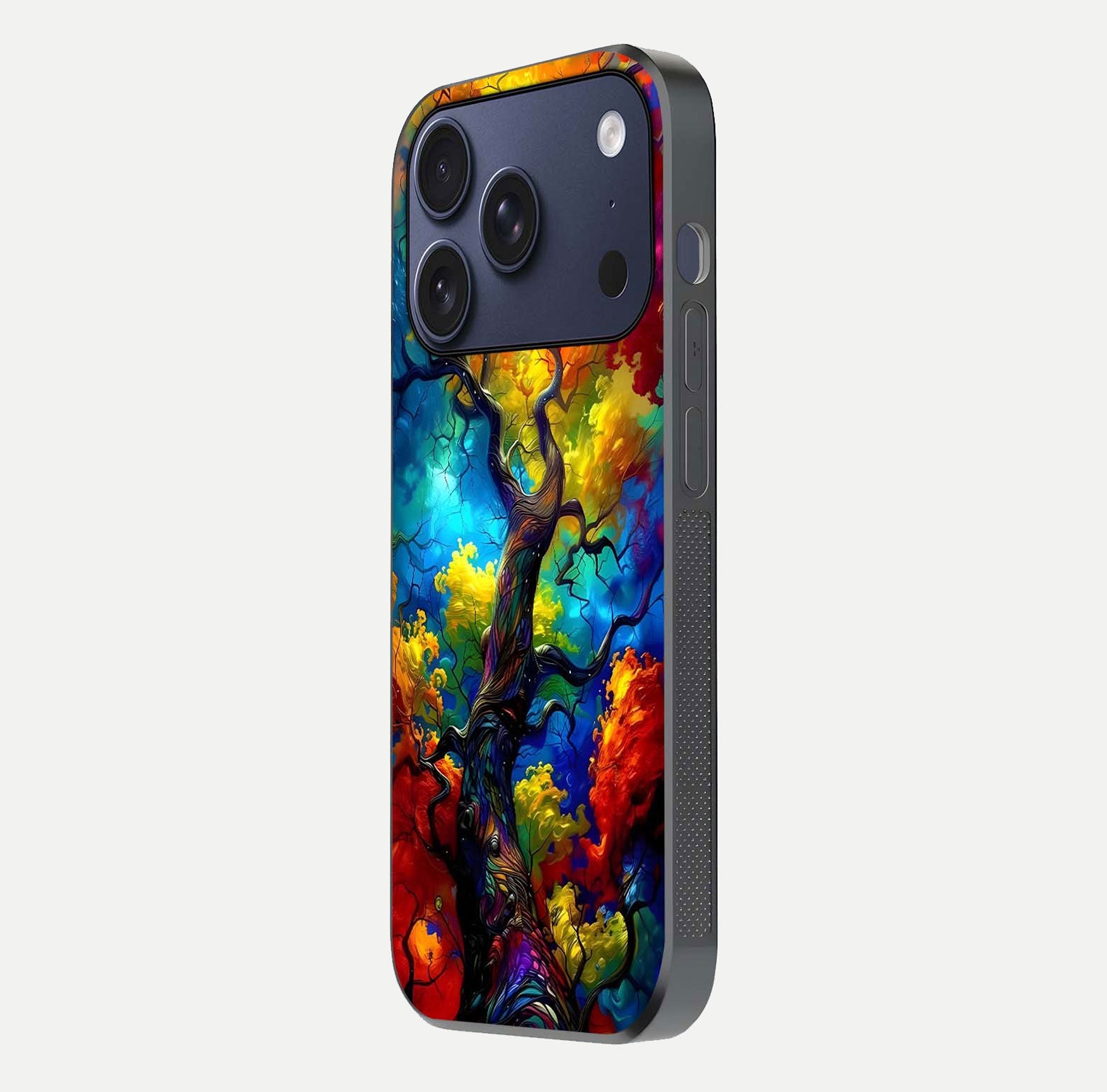 Colorful Tree Glass Case for iPhone 17 Pro side-angle image showing curve reflection and fine print texture