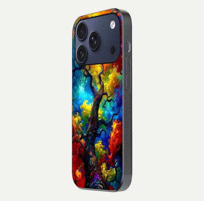 Colorful Tree Glass Case for iPhone 17 Pro side-angle image showing curve reflection and fine print texture