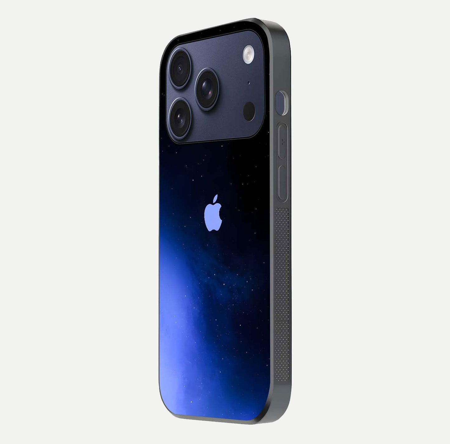 Cosmic Blue Apple Glass Case for iPhone 17 Pro side-angle image showing curve polish and star detail