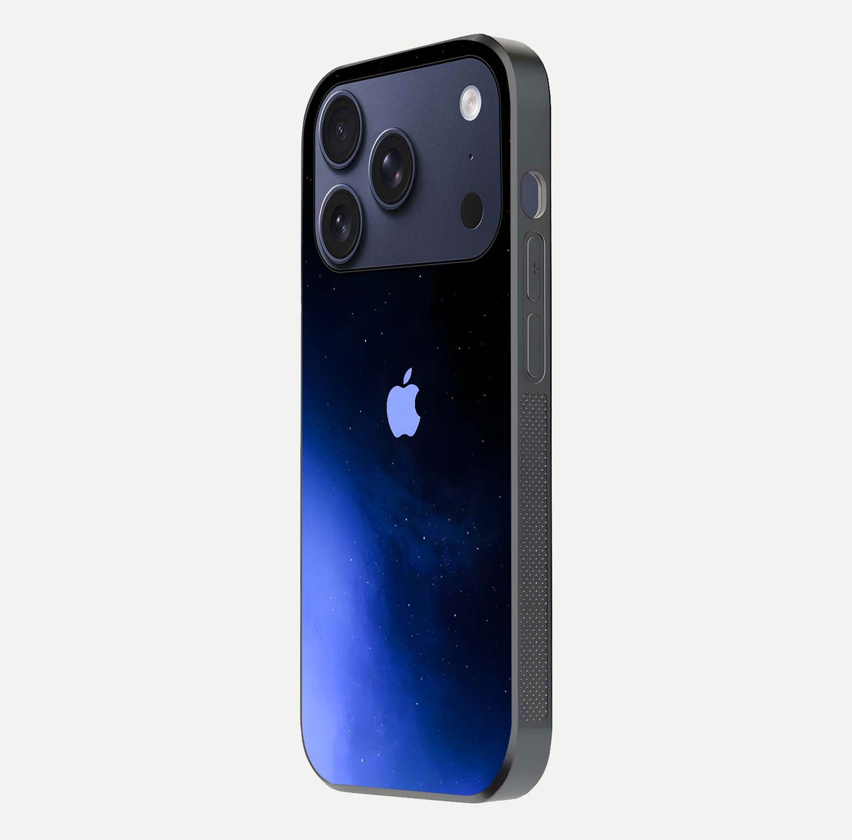 Cosmic Blue Apple Glass Case for iPhone 17 Pro side-angle image showing curve polish and star detail