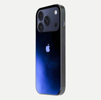 Cosmic Blue Apple Glass Case for iPhone 17 Pro side-angle image showing curve polish and star detail