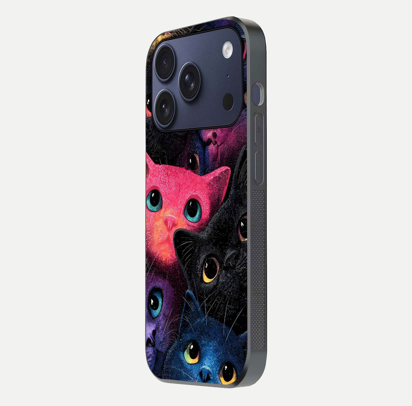 Cosmic Cats Dreams Glass Case for iPhone 17 Pro side-angle photo showing edge gloss and color depth