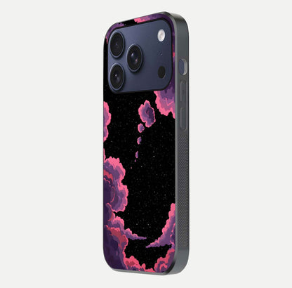 Cosmic Cloud Journey Glass Case for iPhone 17 Pro side-angle photo showing glass reflection and smooth tone