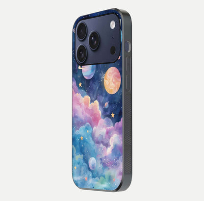 Cosmic Planet Dreams Glass Case for iPhone 17 Pro side-angle image showing texture clarity and shine