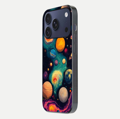 Cosmic Planet Journey Glass Case for iPhone 17 Pro side-angle image capturing smooth gloss and reflective edges