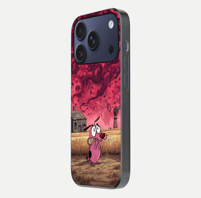 Courage Under Sky Glass Case for iPhone 17 Pro side-angle photo showing gloss tone and curve highlight