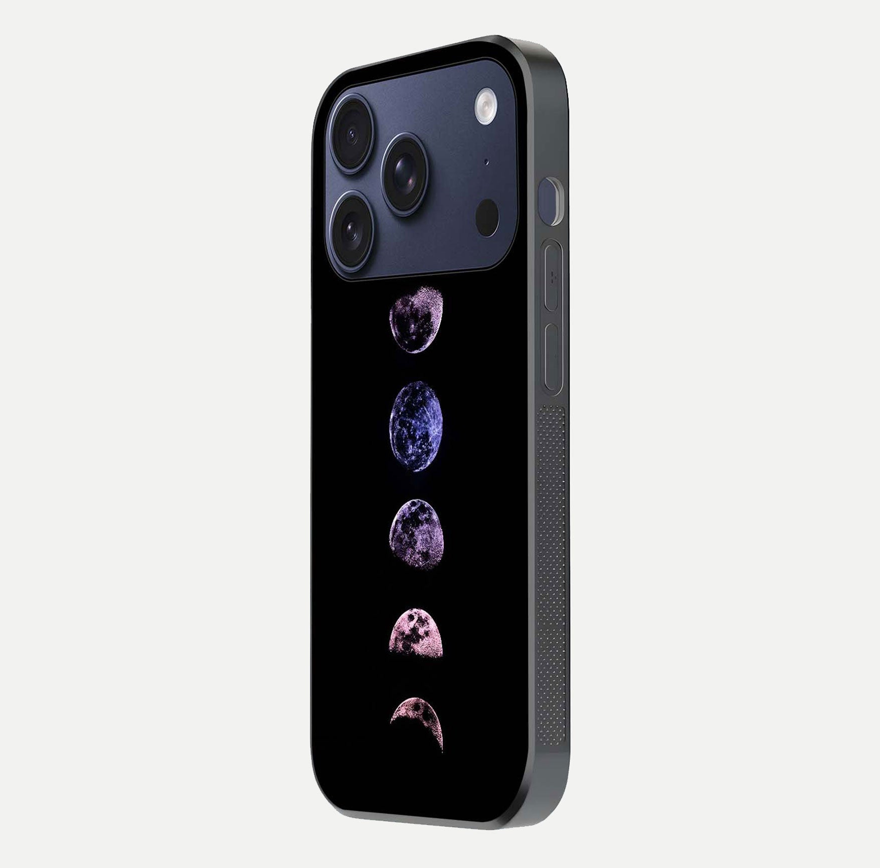 Crimson All Planets Glass Case for iPhone 17 Pro side-angle photo capturing edge glow and glass reflection