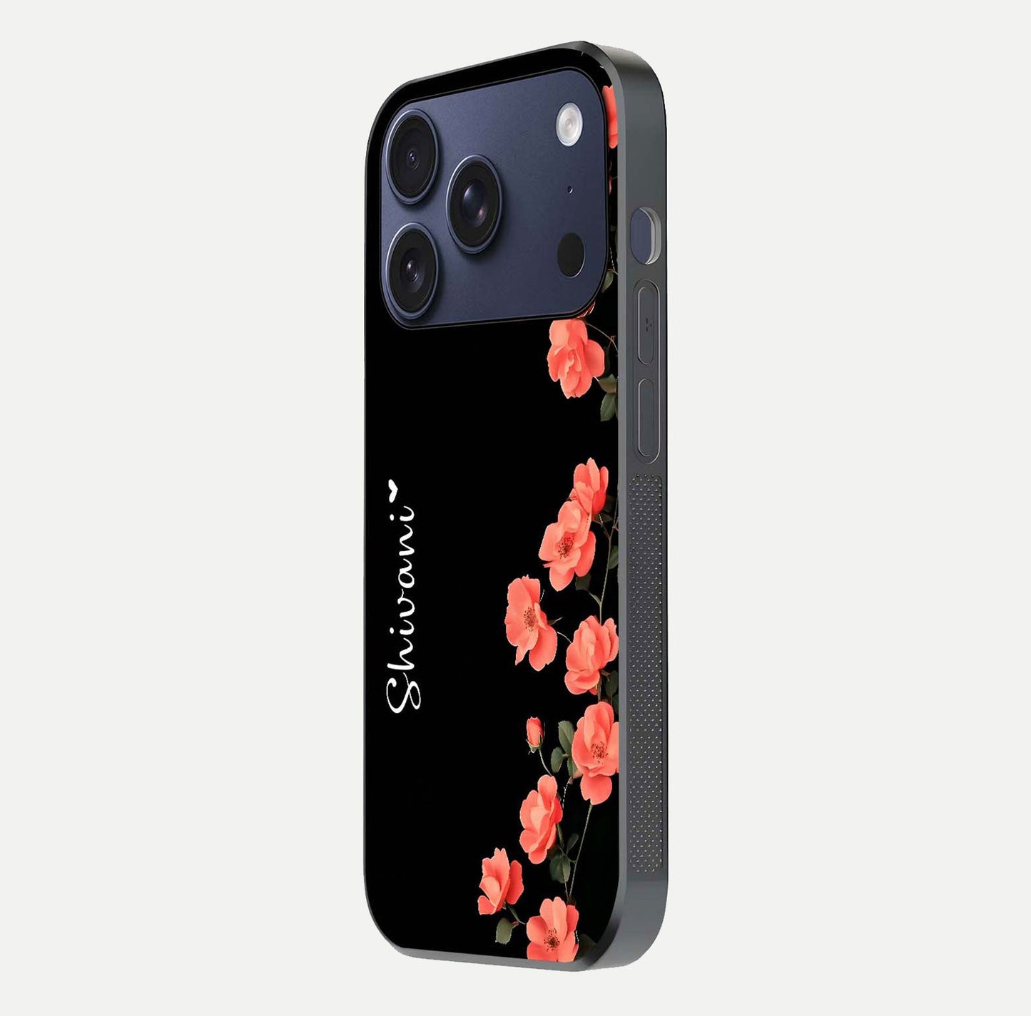 Crimson Bloom Grace Custom Name Glass Case for iPhone 17 Pro side-angle photo capturing edge glow and name clarity