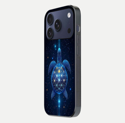 Crimson Blue Turtle Glass Case for iPhone 17 Pro side-angle photo showing curved edge and glass gloss