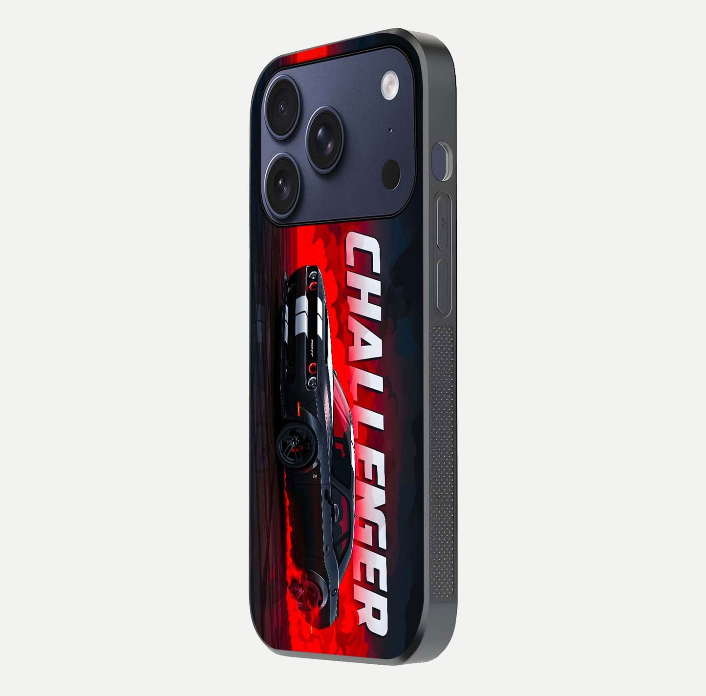 Crimson Challenger Fury Glass Case for iPhone 17 Pro side-angle image showing curve reflection and red finish