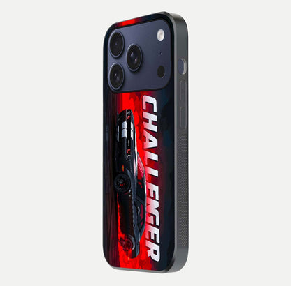 Crimson Challenger Fury Glass Case for iPhone 17 Pro side-angle image showing curve reflection and red finish