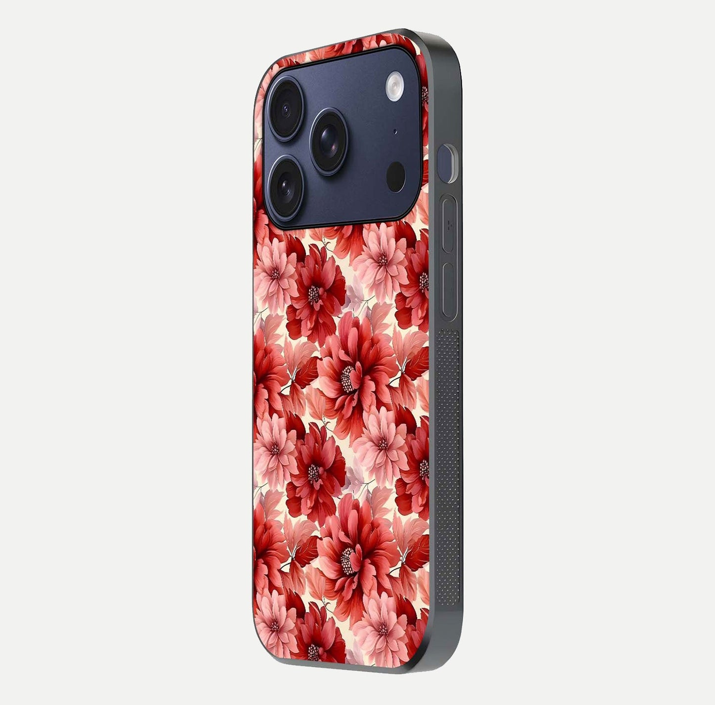 Crimson Love Petals Glass Case for iPhone 17 Pro side-angle photo showing reflection glow and edge clarity