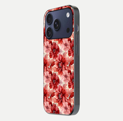 Crimson Love Petals Glass Case for iPhone 17 Pro side-angle photo showing reflection glow and edge clarity