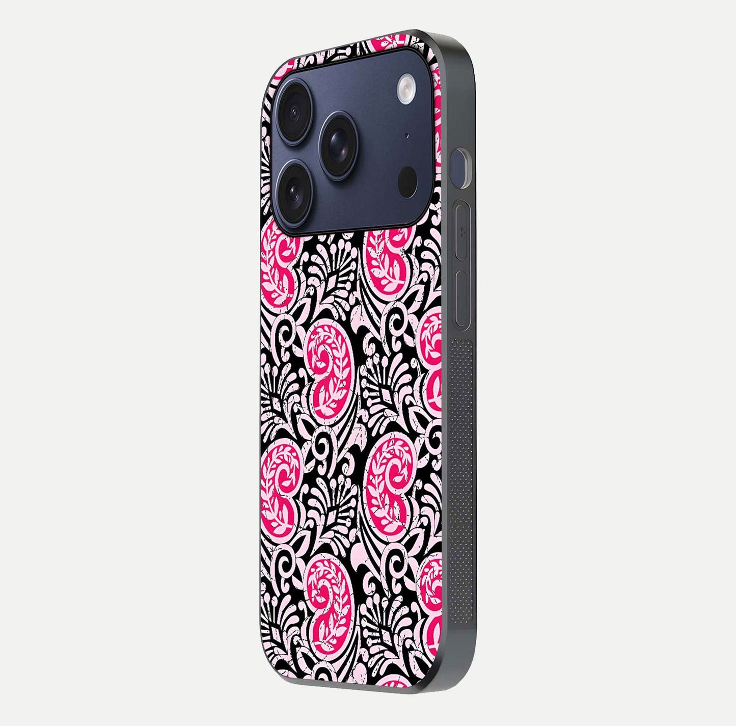 Crimson Paisley Charm Glass Case for iPhone 17 Pro side-angle image showing reflection and smooth edges