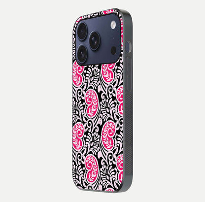 Crimson Paisley Charm Glass Case for iPhone 17 Pro side-angle image showing reflection and smooth edges