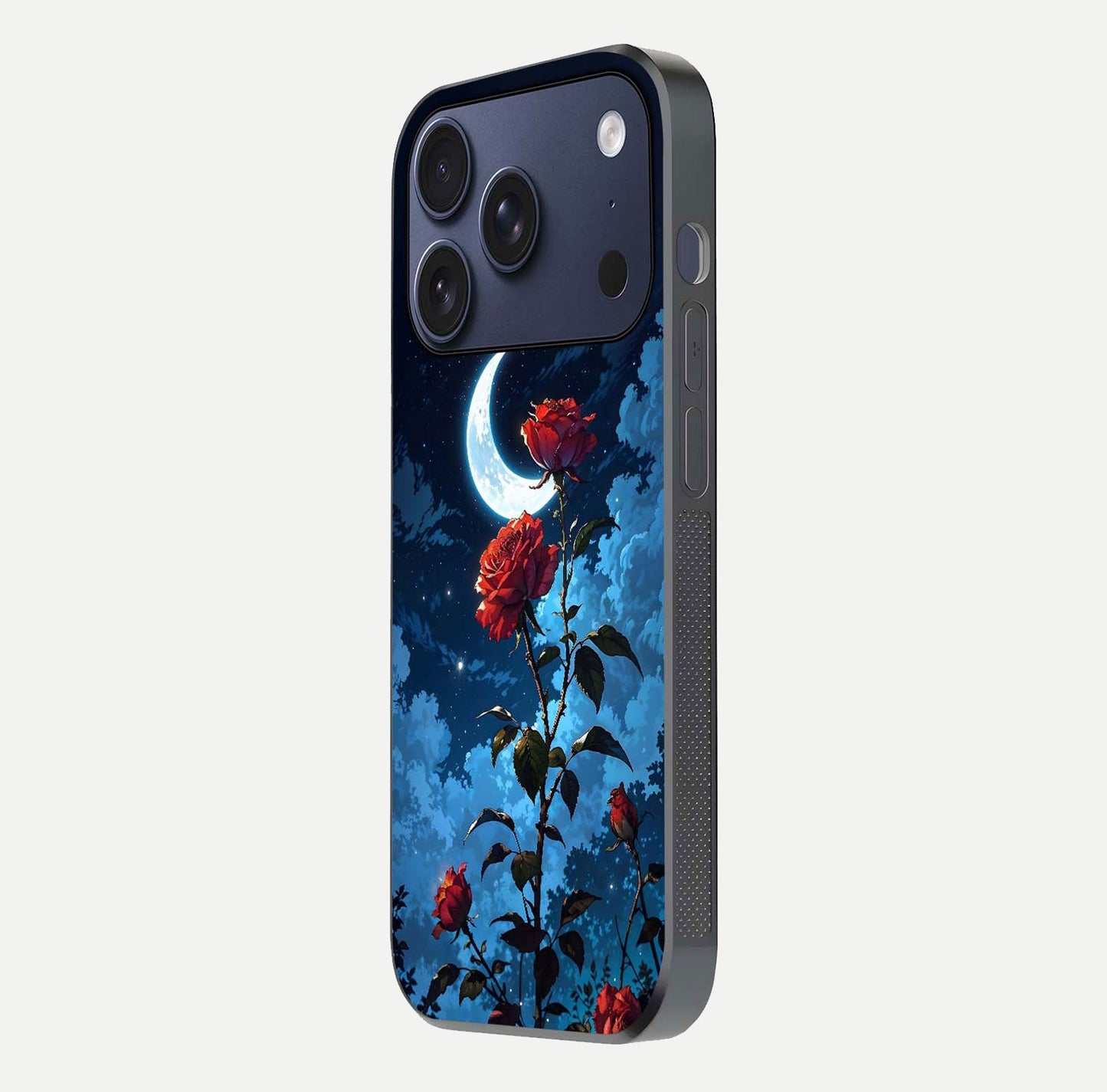 Crimson Rose Moon Glass Case for iPhone 17 Pro side-angle photo showing reflective texture and smooth curve